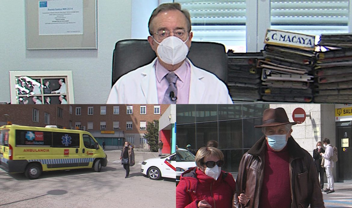 Una mujer fumadora cruza la calle entre una ambulancia y un taxi.