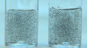 Dos envases de laboratorio que contienen nanotubos de carbono en una solución salina. 